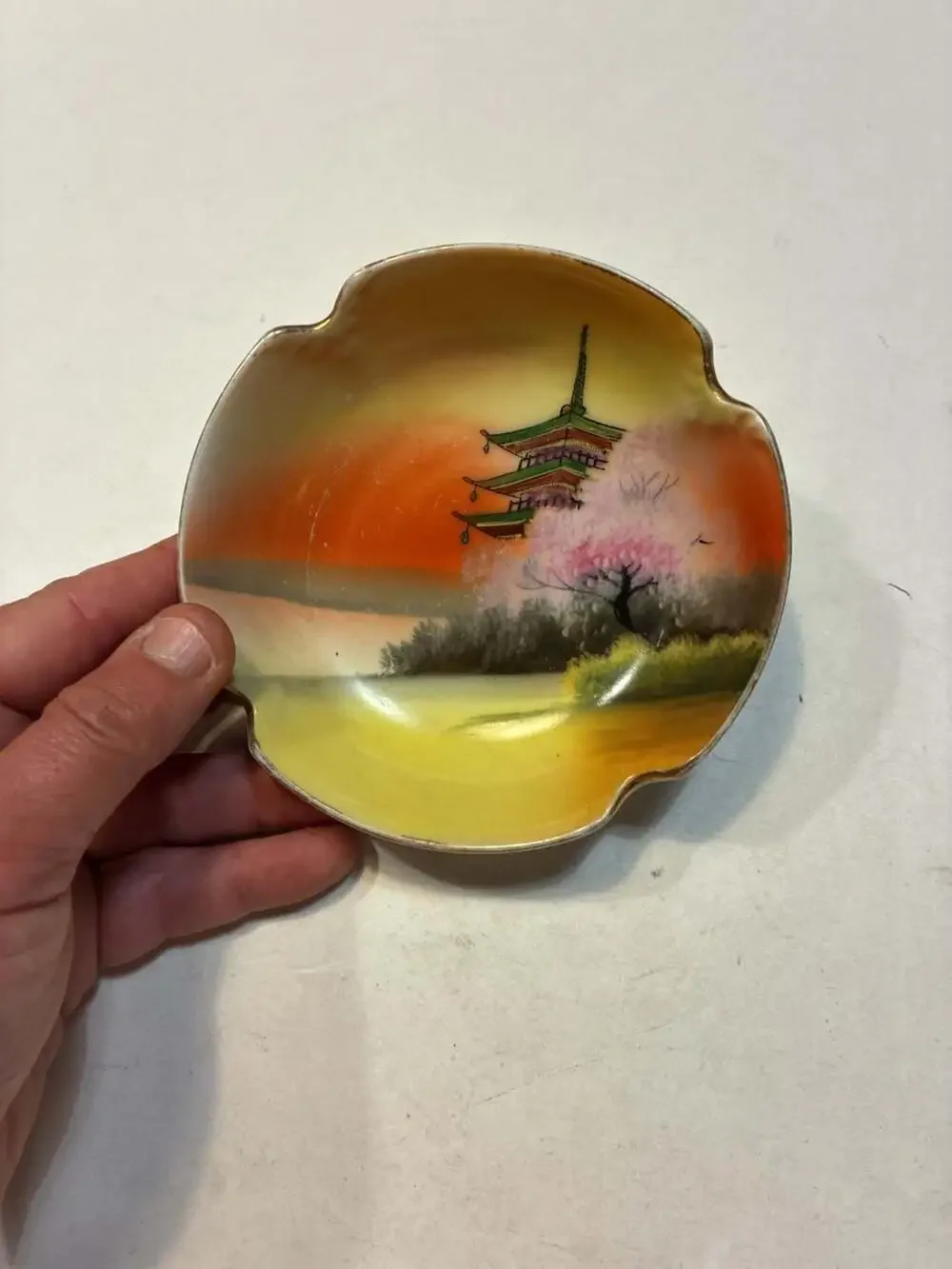 Vintage Noritake Japanese Porcelain Small Bowl with Hand-Painted Pagoda Landscap